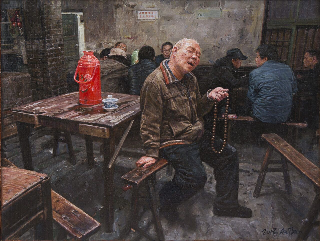 27《茶馆系列—老周的珠珠梦》41×31cm布面油画2017年